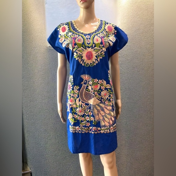 Pavo-real embroidered peacock Mexican tunic dress-M/L - Picture 1 of 6